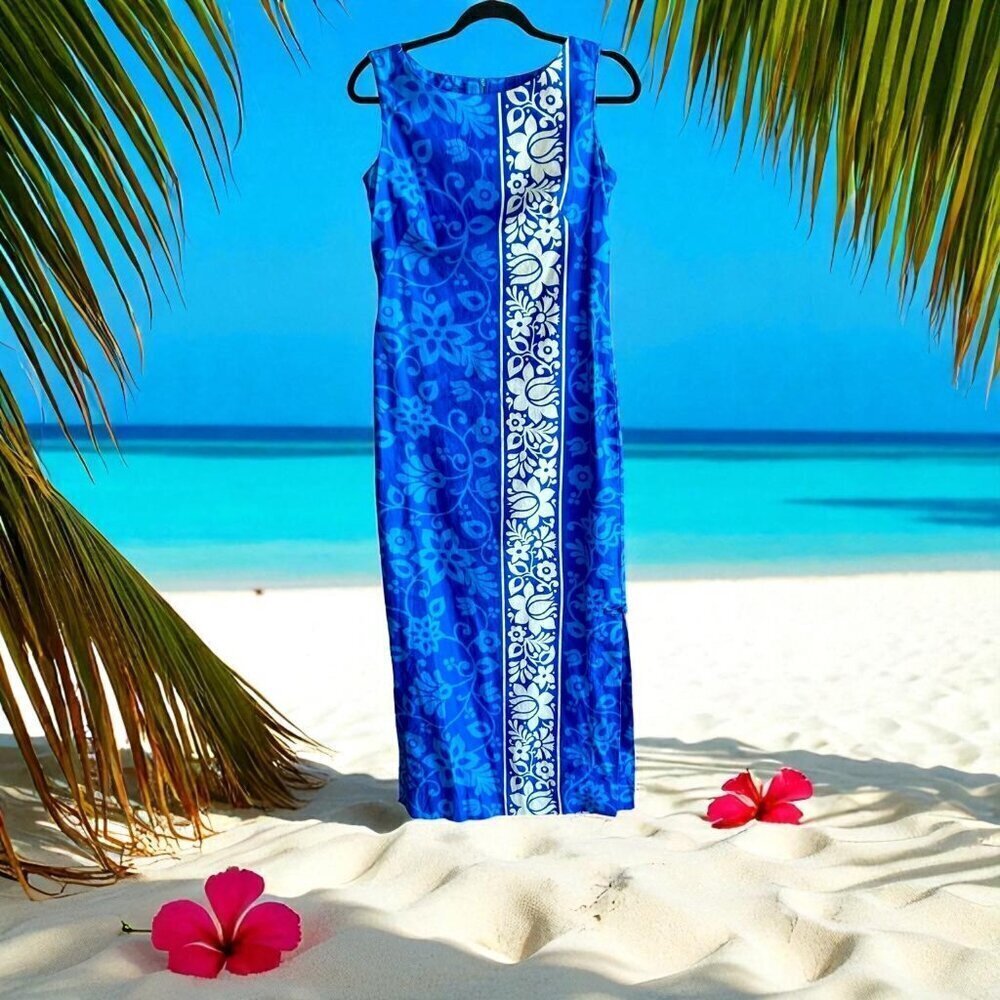 Hawaiian Surf Blue Tropical Floral Sheath Sleeveless Maxi Dress Size Small